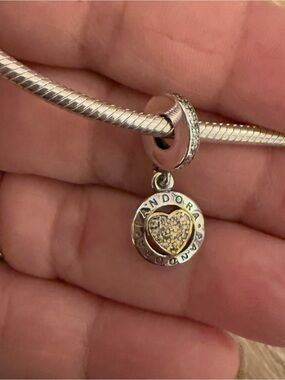 Pandora Silver Dangle Heart Charm with Gold-Tone Center